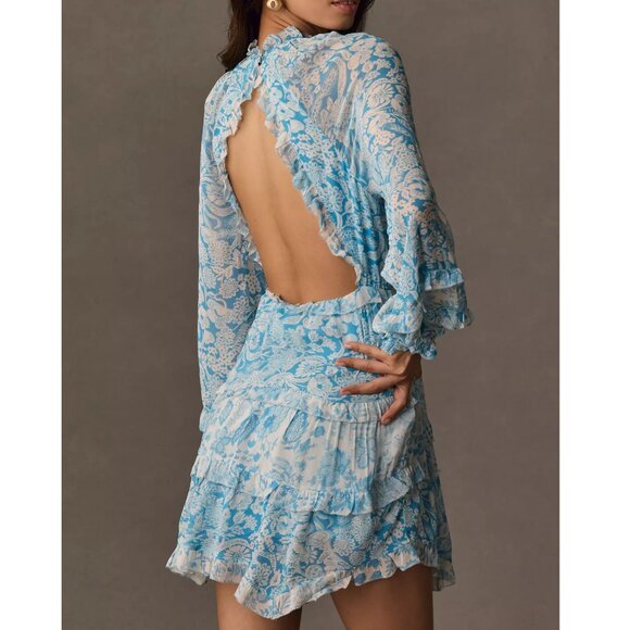 By Anthropologie Long-Sleeve Backless Sheer Ruffle Mini Dress Medium - Picture 2 of 9